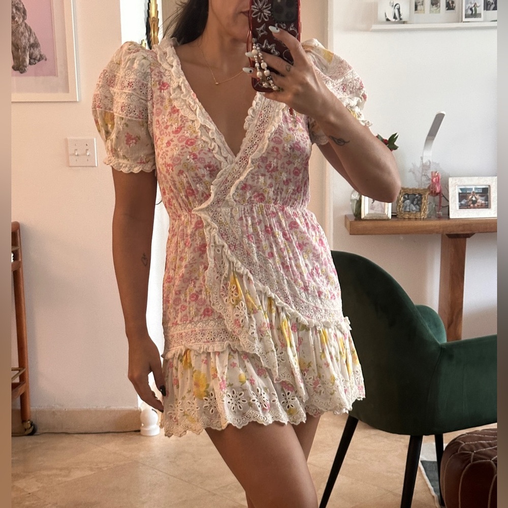 LoveShackFancy Pink and Cream Ruffle Dress